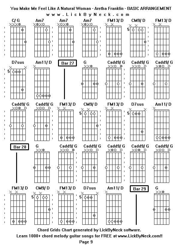 Chord Grids Chart of chord melody fingerstyle guitar song-You Make Me Feel Like A Natural Woman - Aretha Franklin - BASIC ARRANGEMENT,generated by LickByNeck software.